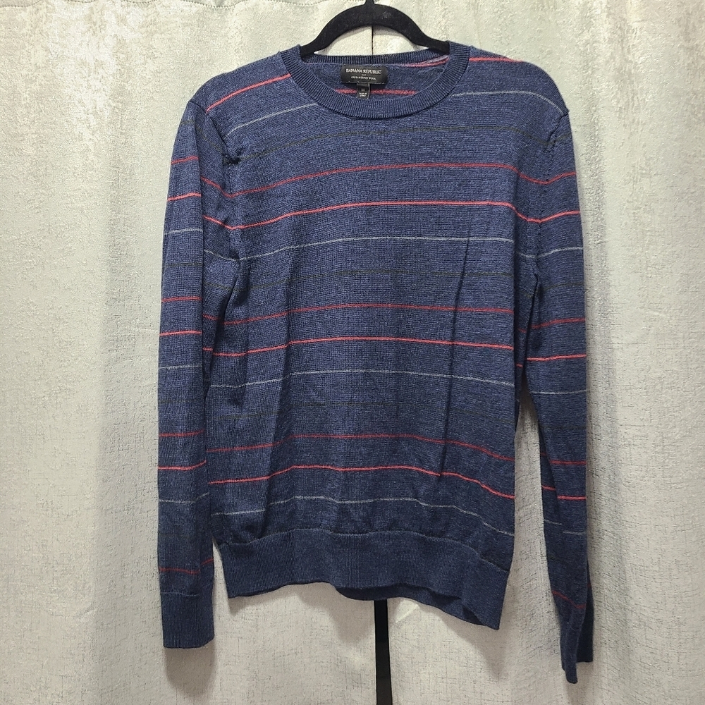 Banana Republic Men's Merino wool Striped‎ Crewneck Sweater M Flaw